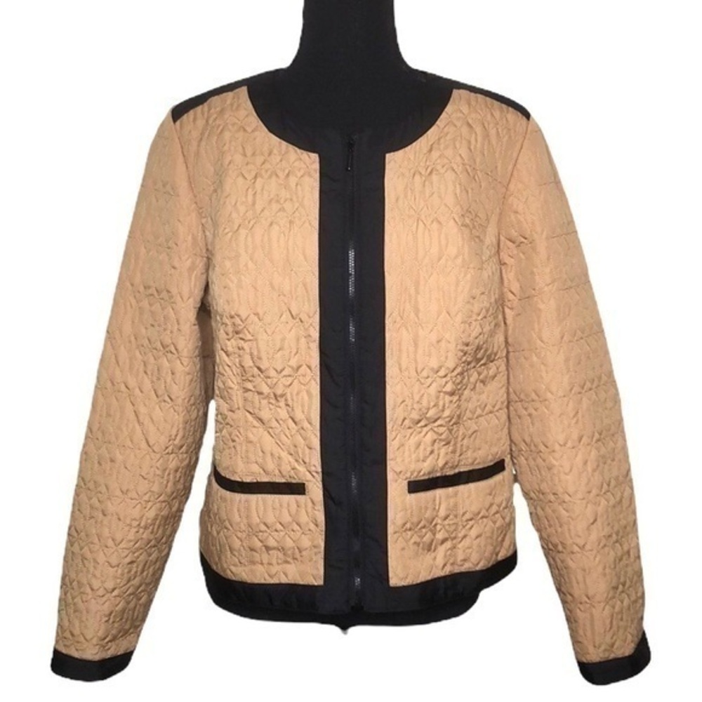 Chico’s Quilted Jacket Colorblock Black & Camel Size Medium NWT
